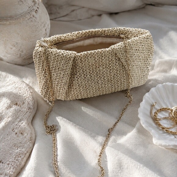 Capitanna Handbags - Capitanna straw Clutch Bag Beige Gold Chain- purse summer beach luxury gift